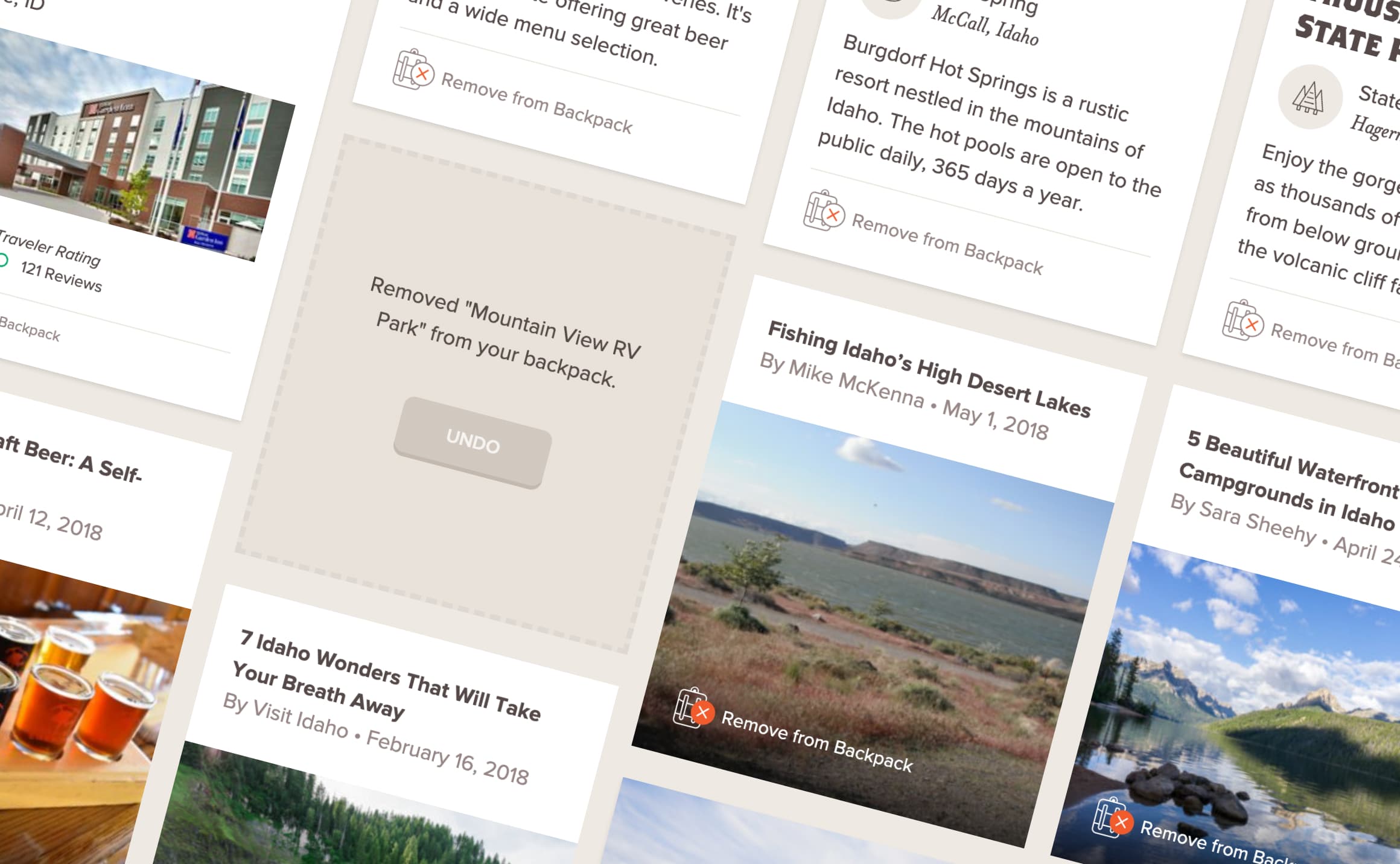 List of UI cards at a slight right angle showing different articles and activity content items