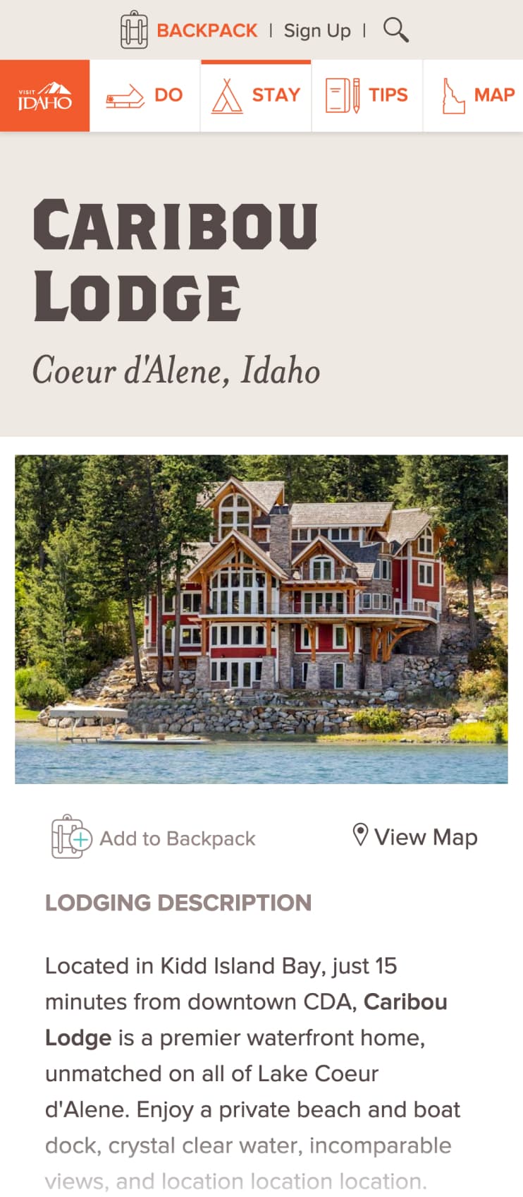 Mobile size webpage showing a listing for Caribou Lodge with an image of the lodge and description